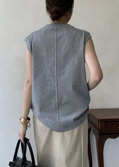 Grey Decorated Cotton Tank Tops Sleeveless