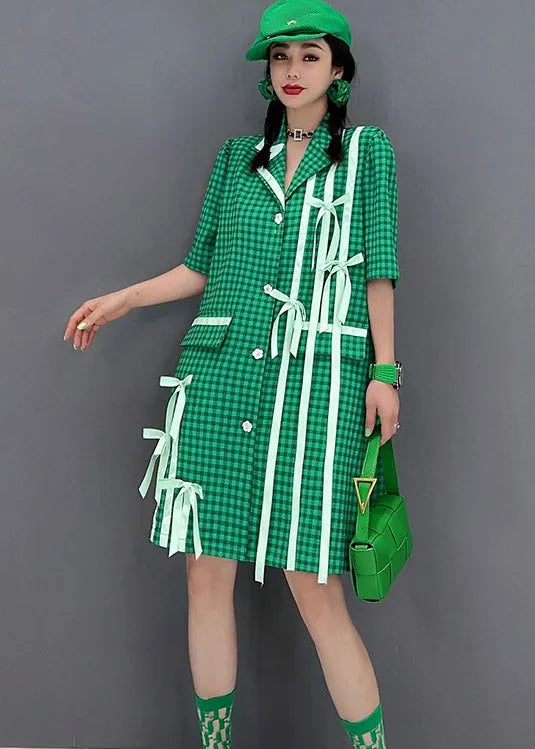 Green Peter Pan Bow Collar Plaid Button Shirt Short Sleeve