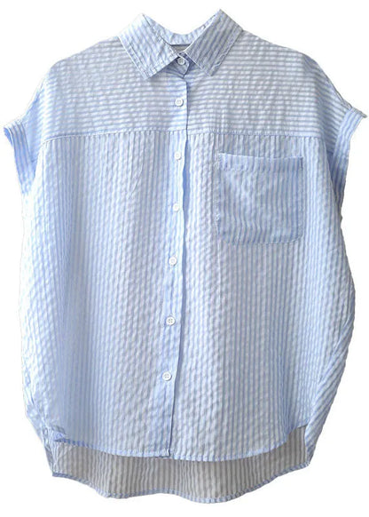 Light Blue Peter Pan Collar Striped Pocket Silk Shirts Short Sleeve