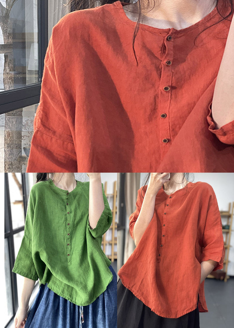 Italian Red O-neck Asymmetrical Design Linen Shirts Three Quarter Sleeve