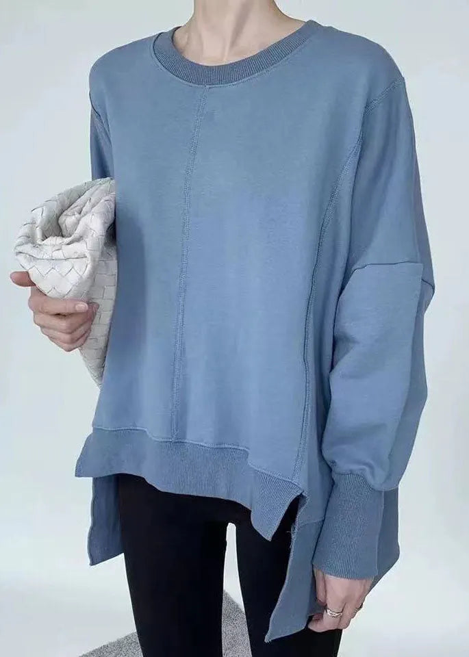Blue Cotton Loose Sweatshirt O-neck Low High Design Spring