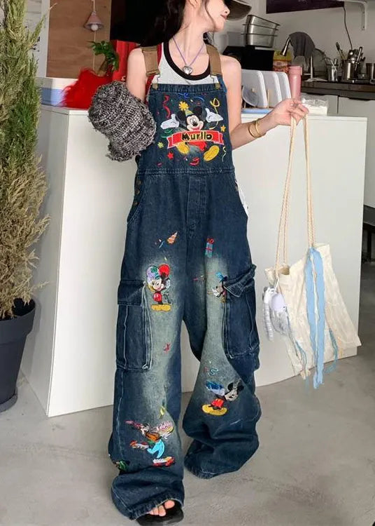 Modern Blue Embroidered Pockets Denim Jumpsuit Sleeveless