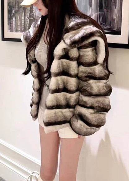 Italian Peter Pan Collar Striped Leather and Fur Coats Winter