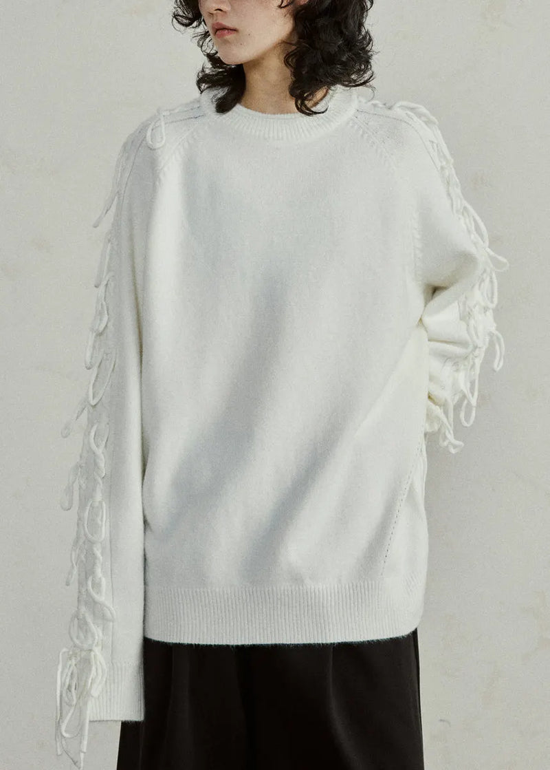 Handmade White O-neck Cozy Cotton Knit Sweater Tops Long Sleeve