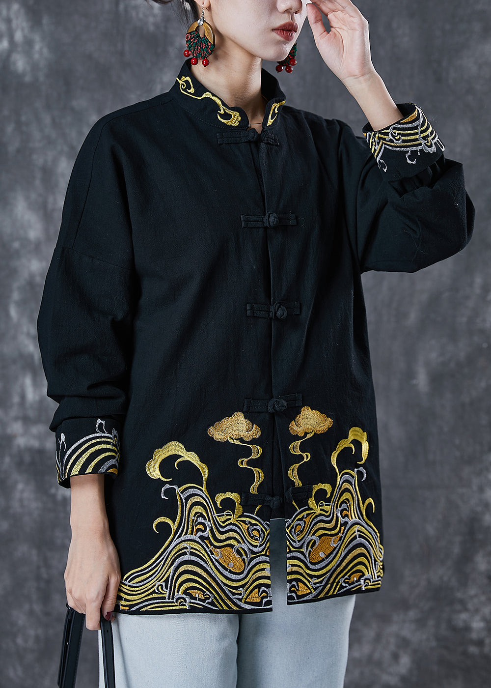 Black Embroideried Cotton Shirt Tops Spring