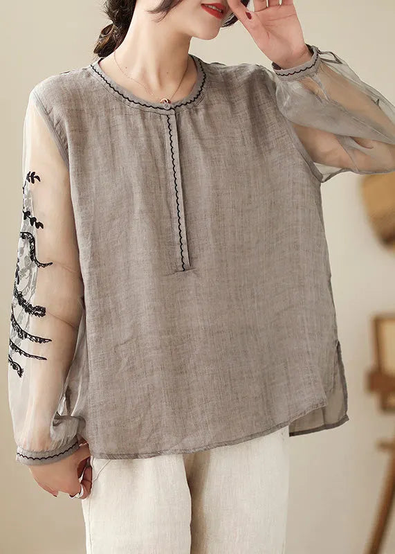 Simple Grey O-neck Embroideried Linen Top Spring