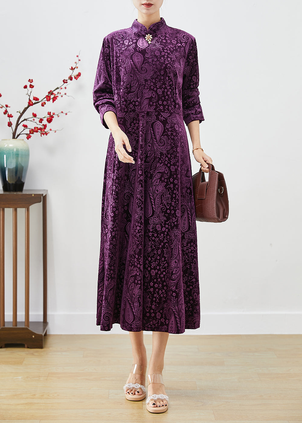 Purple Mandarin Collar Print Silk Velour Dresses Fall