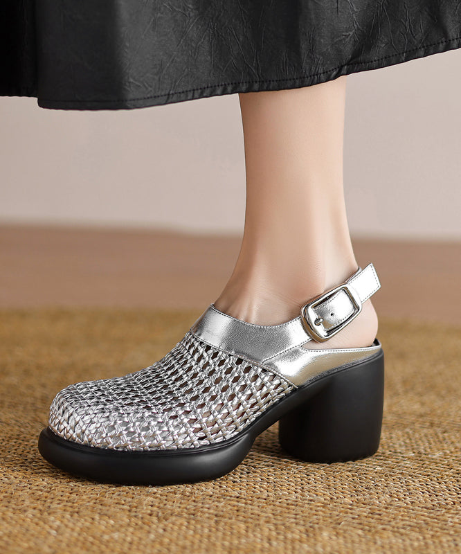 Black Chunky Heel Faux Leather Sandals Hollow Out