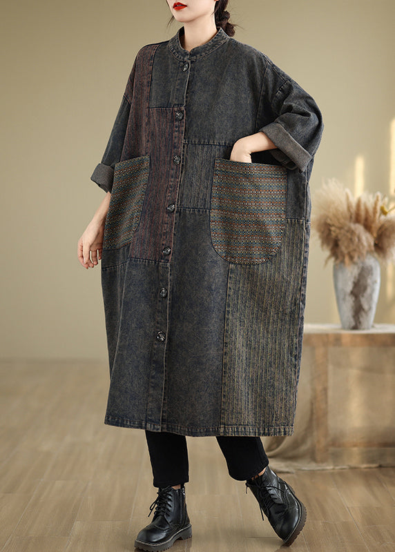 Black Stand Collar Pockets Patchwork Long Trench Coat Fall