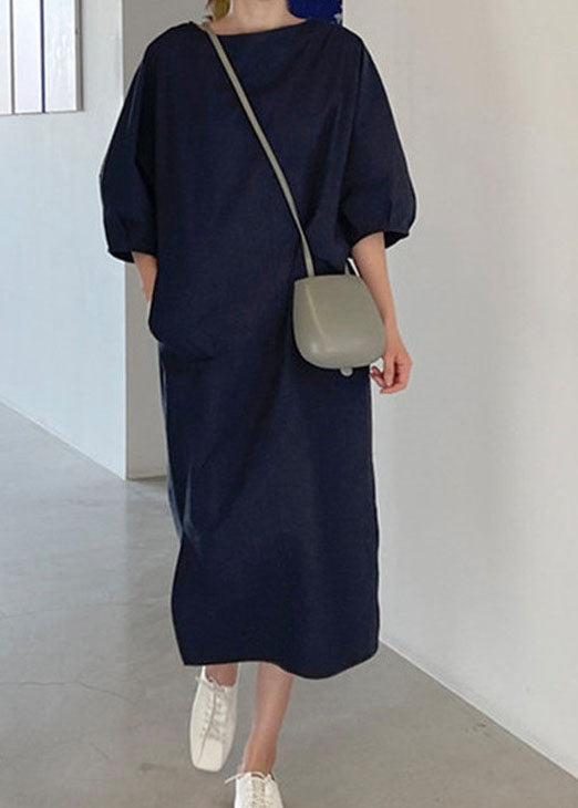 Navy Pockets Cotton Dresses Spring