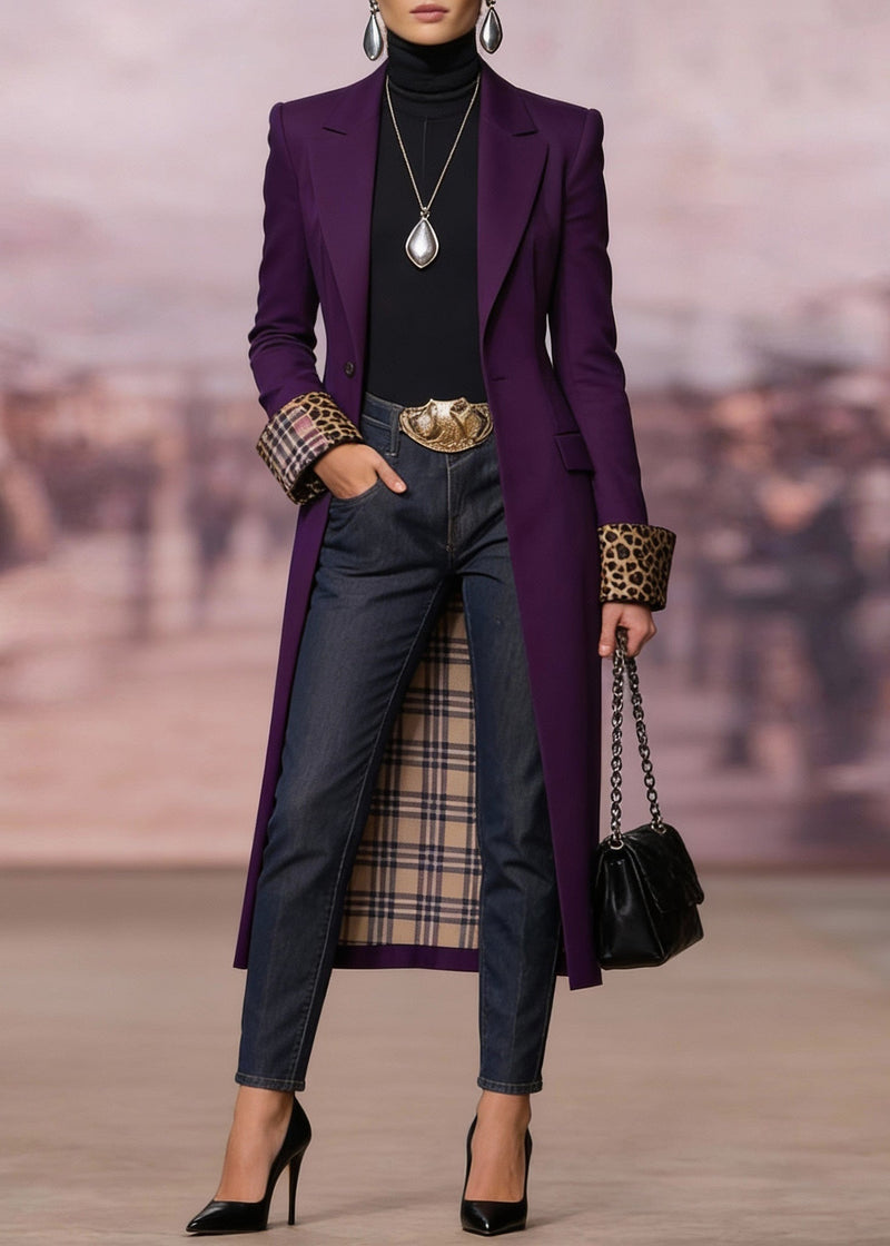 French Purple Peter Pan Collar Pockets Long Trench Coat Spring