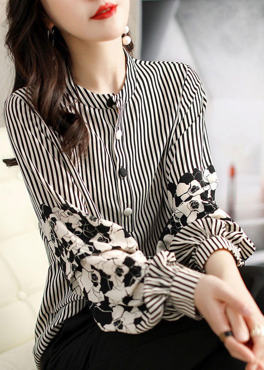 Handmade Black Striped Stand Collar Patchwork Print Chiffon Shirt Long Sleeve Fall
