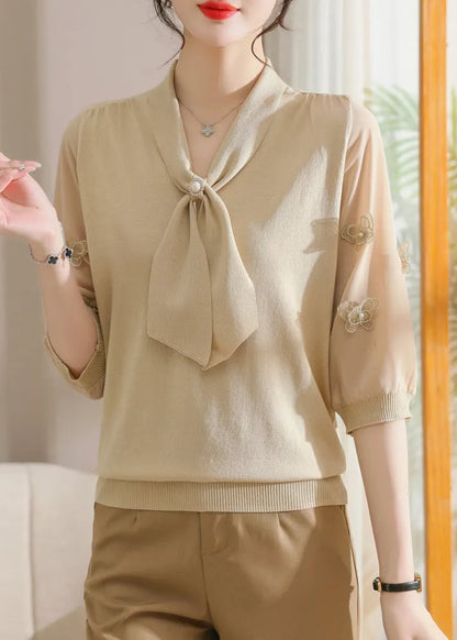 Apricot Nail Bead Cozy Patchwork Knit T Shirts V Neck