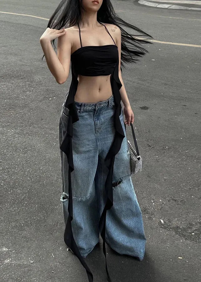 Black Backless Cotton Spaghetti Strap Tank Sleeveless