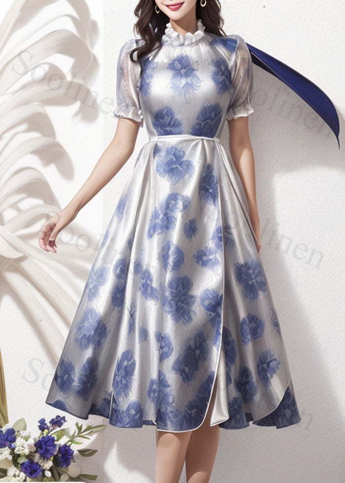 Handmade Blue Ruffled Cinched Print Silk Party Dress Summer