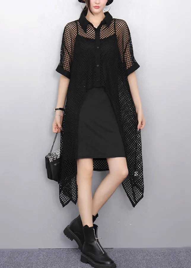 New White Peter Pan Collar Hollow Out Long Tops Summer
