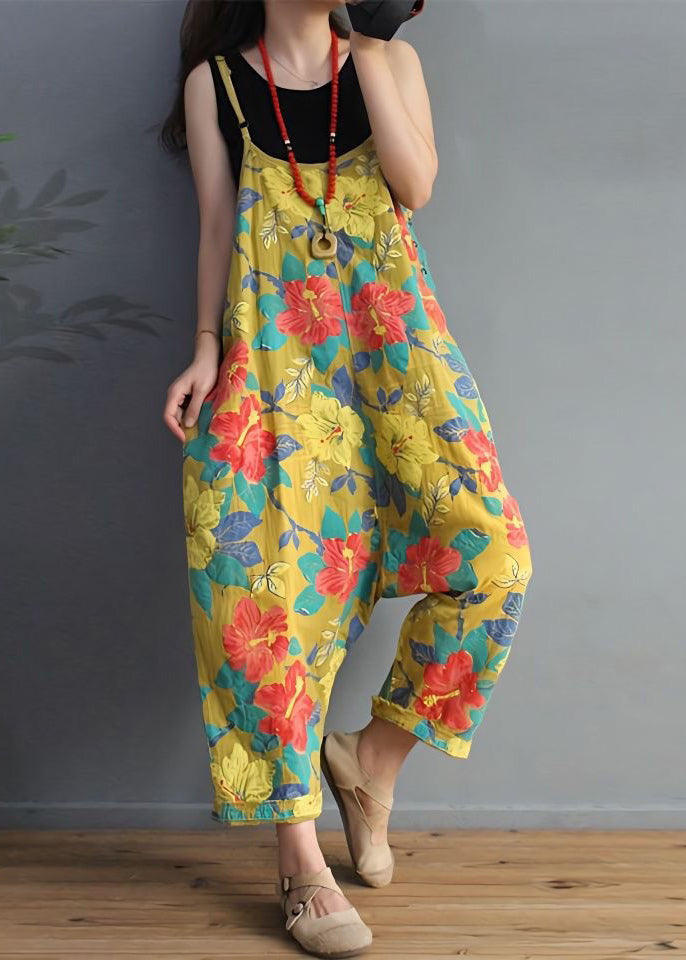 Yellow Print High Waist Cotton Jumpsuit Sleeveless