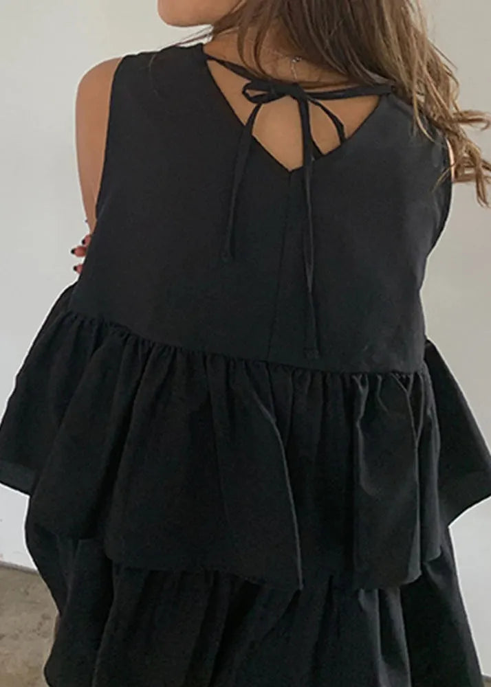 French Black Ruffled Cotton a Line Tank Sleeveless