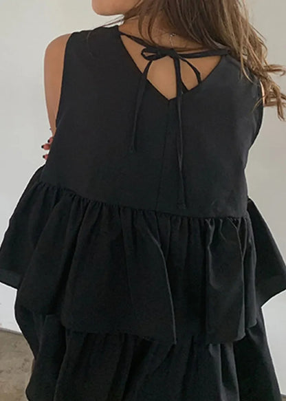 French Black Ruffled Cotton a Line Tank Sleeveless