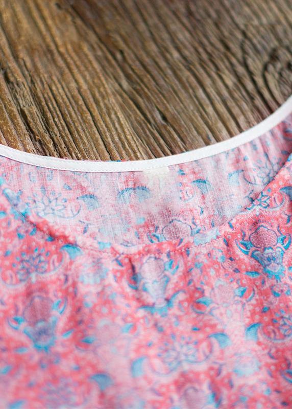 O-neck Wrinkled Summer Tutorials Pink Print Dress