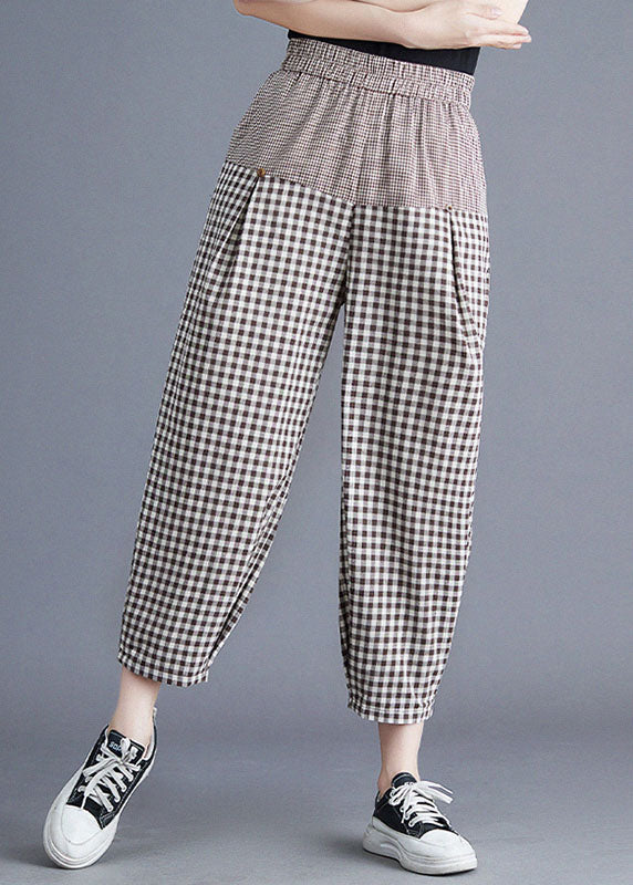 Khaki Plaid Elastic Waist Patchwork Linen Harem Pants Summer