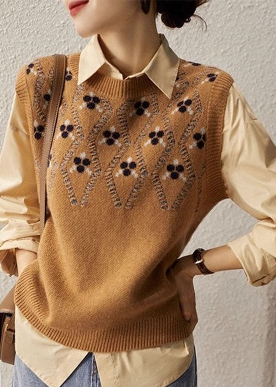 Camel O Neck Jacquard Woolen Vest Sleeveless Fall