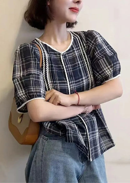 Art Navy Plaid Button Cotton Shirt Summer