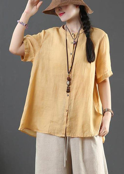 Yellow Loose Linen Summer Shirt Tops