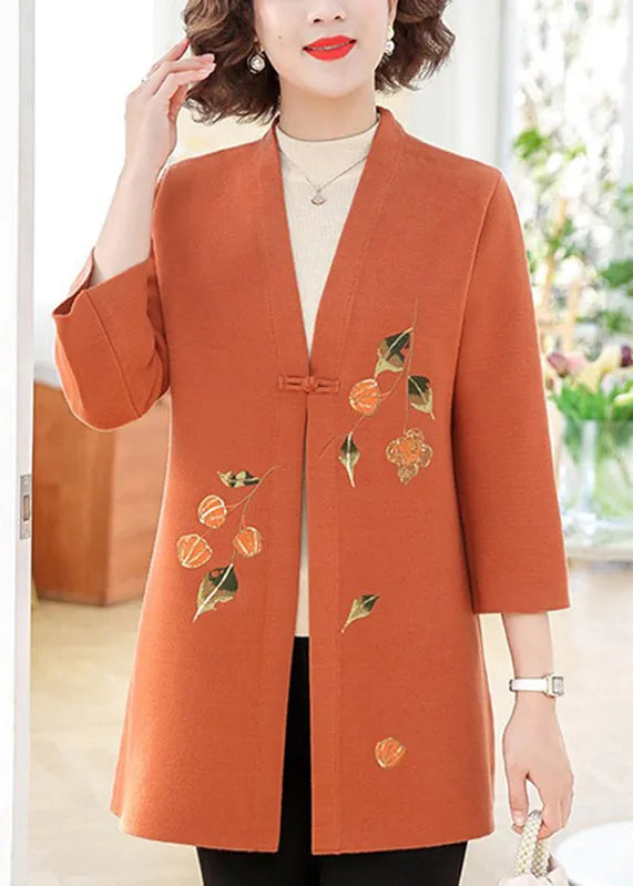 Orange Print Cotton Knit Cardigans Bracelet Sleeve