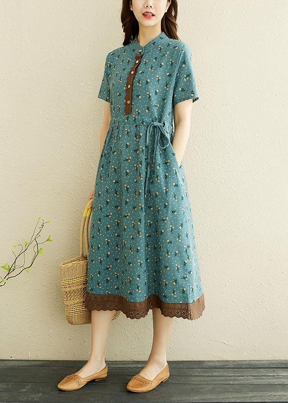 Unique Blue Print Tie Waist Long Summer Cotton Dress