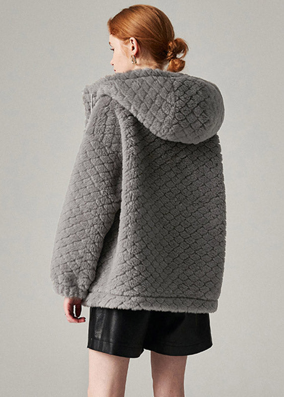 Grey Drawstring Faux Fur Hooded Coat Winter