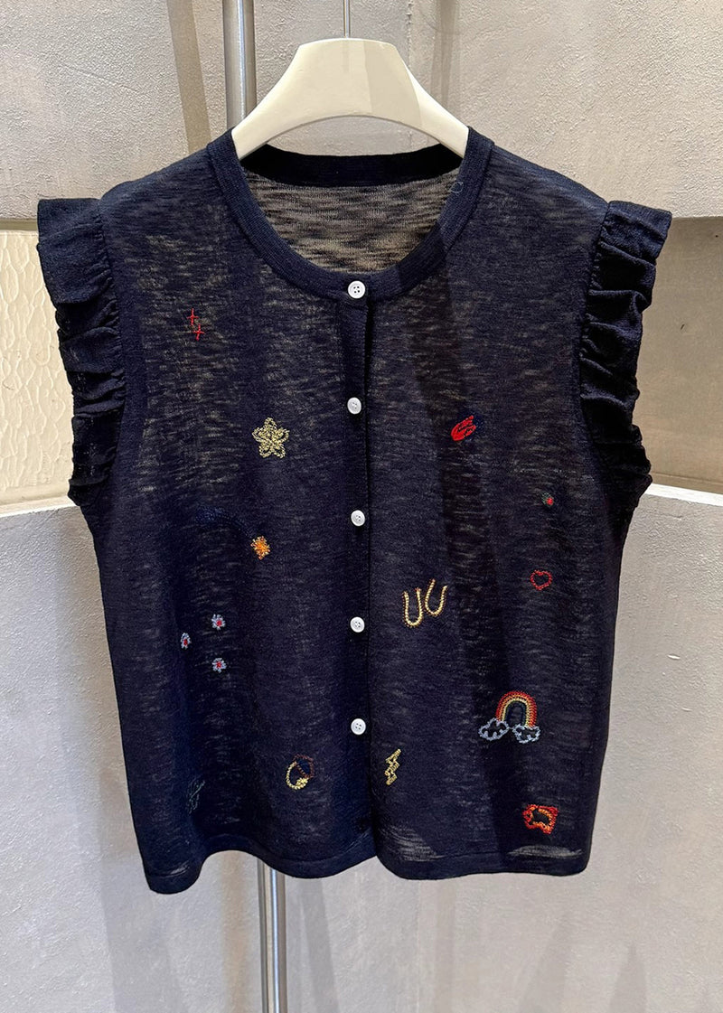 Grey Embroideried Button Down Cotton Vests Sleeveless