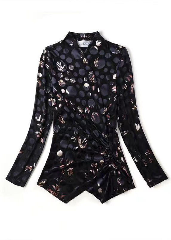 Black V Neck Print Tulle Patchwork Velour Top Spring
