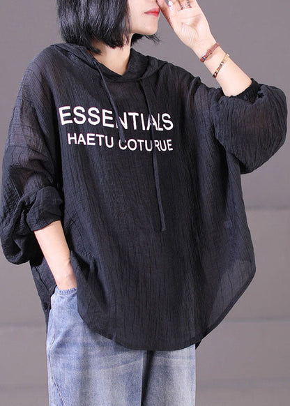 Classy Black Hooded Drawstring Wrinkled Cotton Sweatshirt Long Sleeve