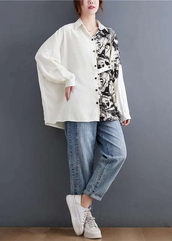Italian White Peter Pan Collar Button Asymmetrical Design Print Shirt Top Batwing Sleeve