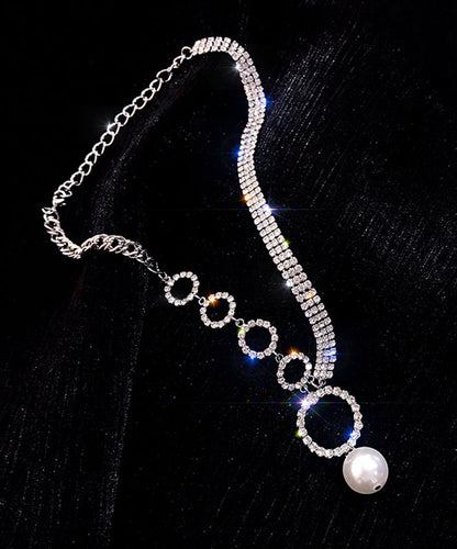 Unique White Alloy Zircon Pearl Tassel Pendant Necklace