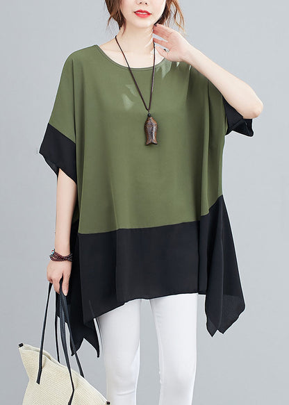 Green O Neck Patchwork Chiffon T Shirts Top Summer
