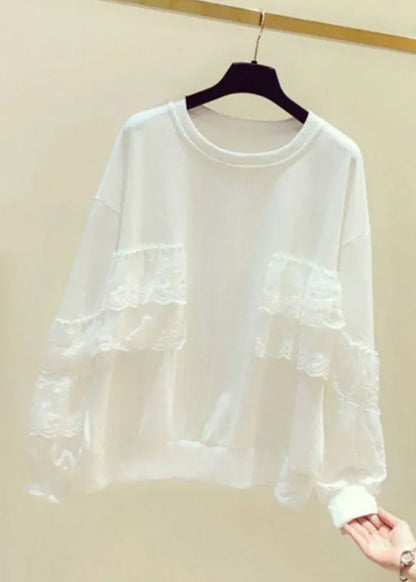White Lace Patchwork Sweatshirts O Neck Spring