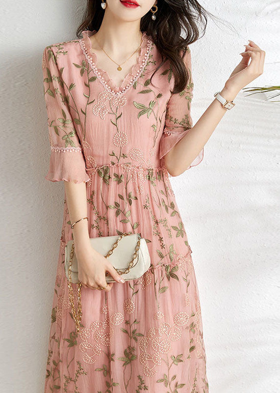 French Pink Embroideried Patchwork Wrinkled Tulle Dress Summer