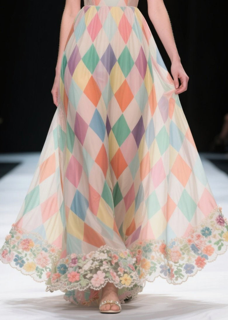 Multicolour Plaid Patchwork Lace Chiffon Strapless Dress Summer
