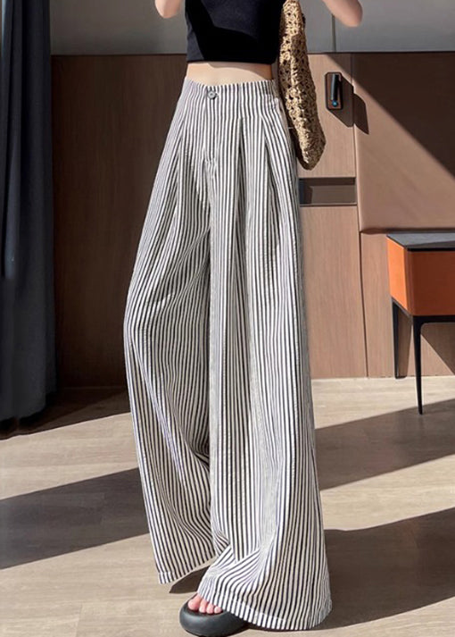 Striped Wrinkled High Waist Cotton Wide Leg Pants Fall