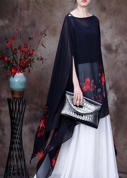Handmade Blue Print Asymmetrical Design Chiffon Top for Batwing Sleeve