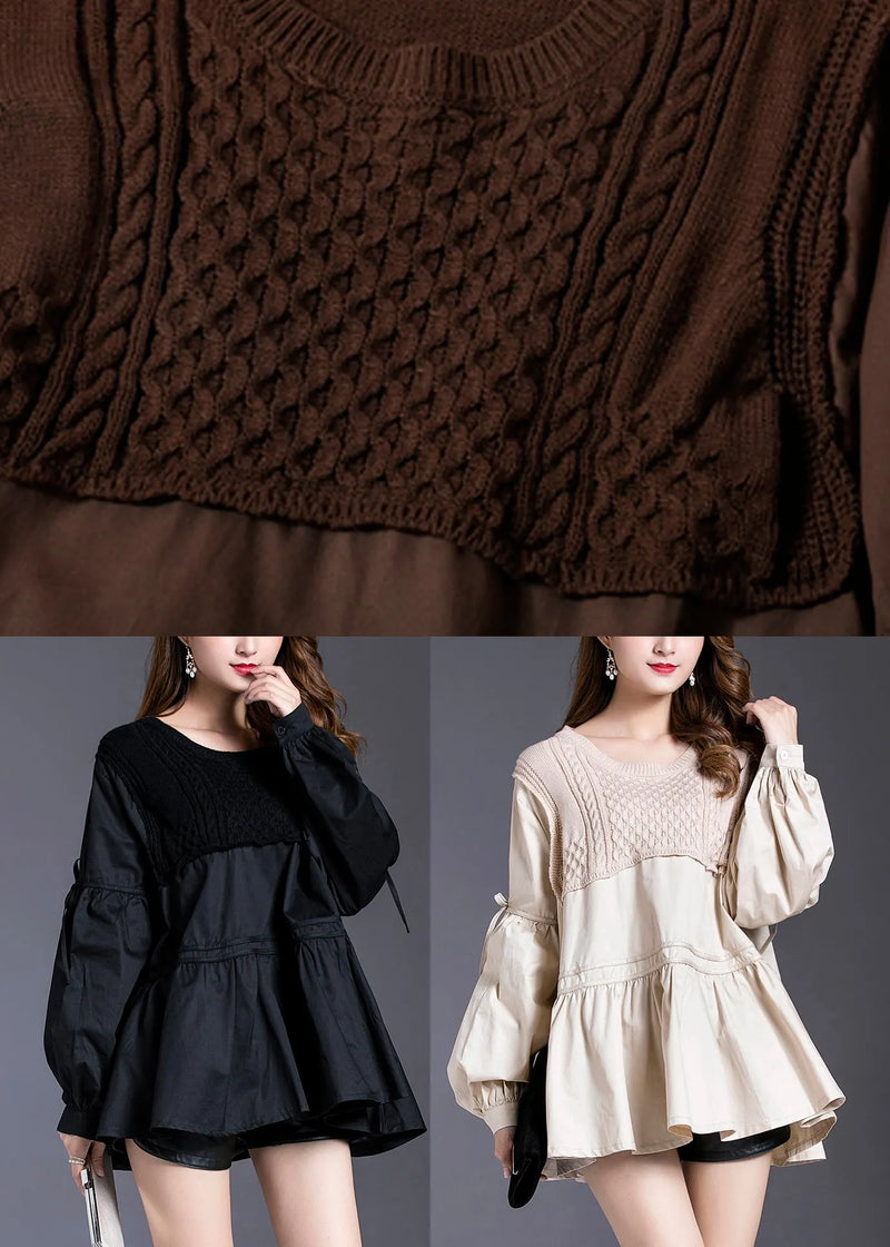 Fine Chocolate O-neck Patchwork Cotton Tops Spring