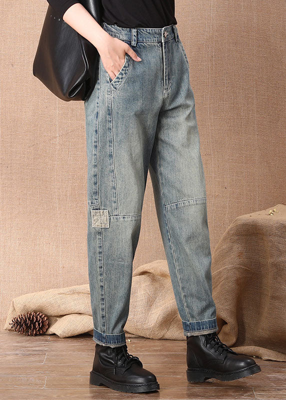 Blue High Waist Button Pockets Patchwork Cotton Denim Pants Summer