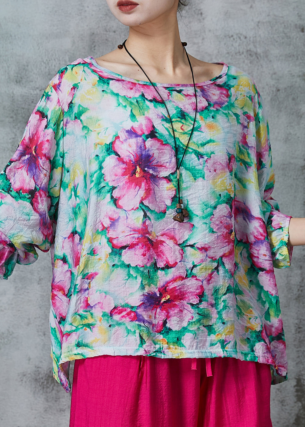 Pink O-neck Print Linen Blouses Summer