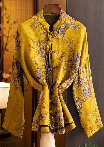 Yellow Stand Collar Oriental Button Patchwork Tassel Jacquard Silk Shirt Top Long Sleeve