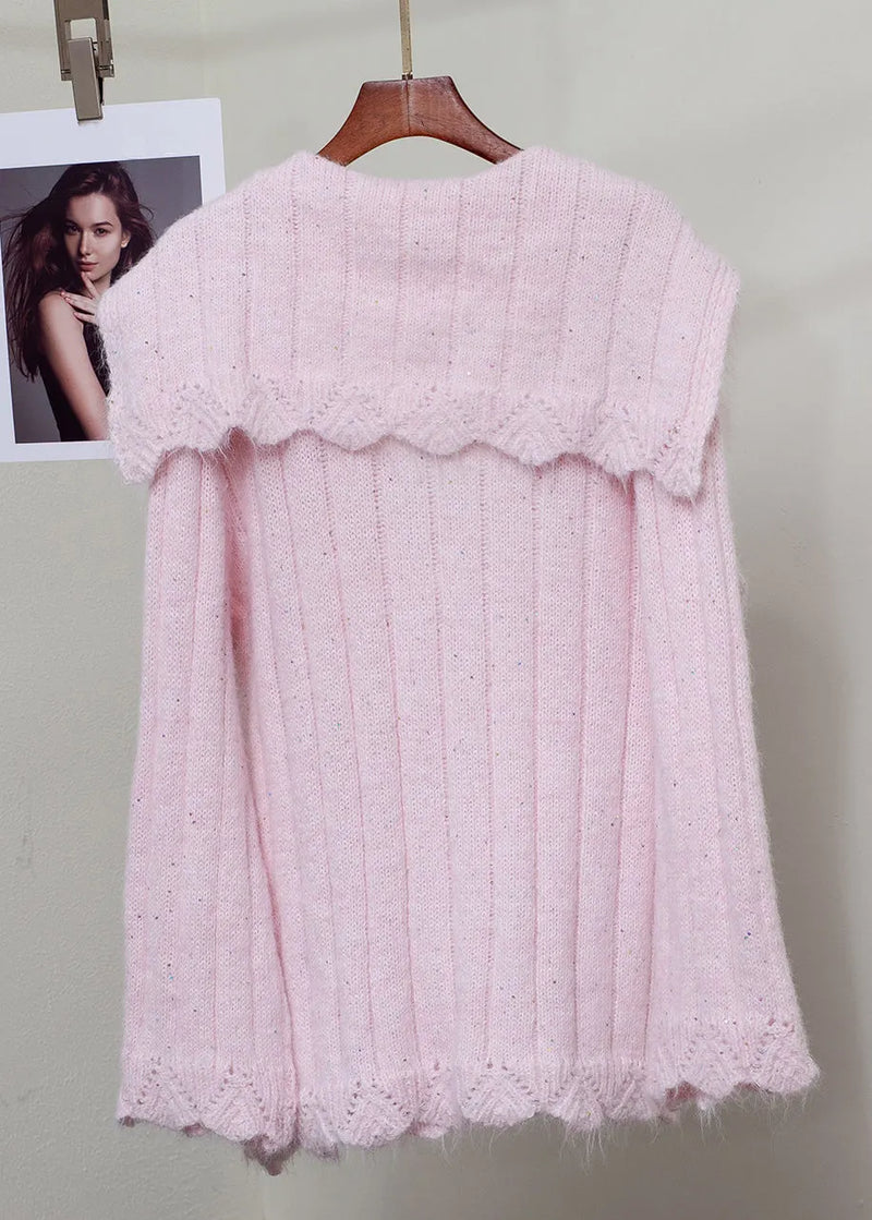 Pink Fox Fur Button Patchwork Knit Sweater