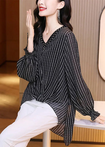 Black V Neck Low High Design Letter Striped Chiffon Top Long Sleeve