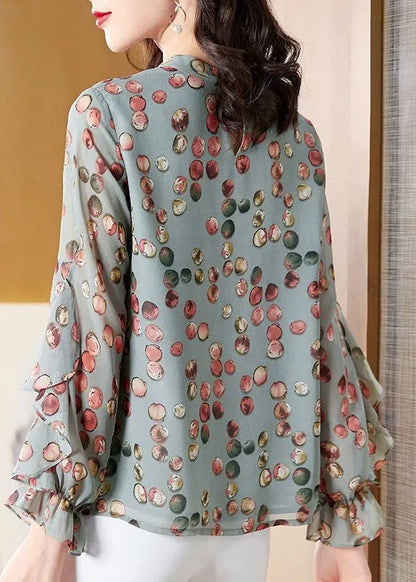 Light Green O-neck Asymmetrical Print Chiffon Shirt Top Spring
