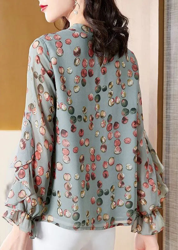 Light Green O-neck Asymmetrical Print Chiffon Shirt Top Spring